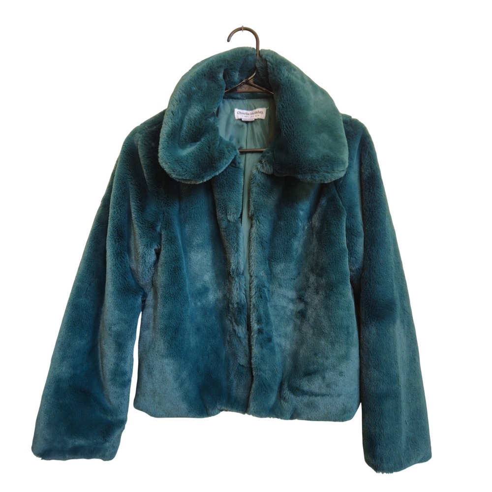 CHARLIE HOLIDAY Faux Fur Jacket Sz 2 Emerald Green Oversized Collar Luxe Holiday